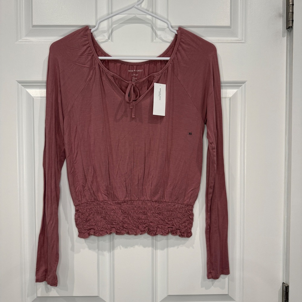 American Eagle Soft & Sexy Mauve Tie Front Smocked Waist Long Sleeve Size XS